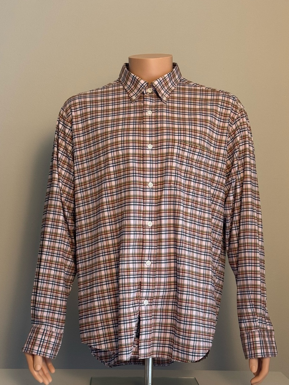 Men's Tan Plaid Button-Down Shirt - Casual Long Sleeve